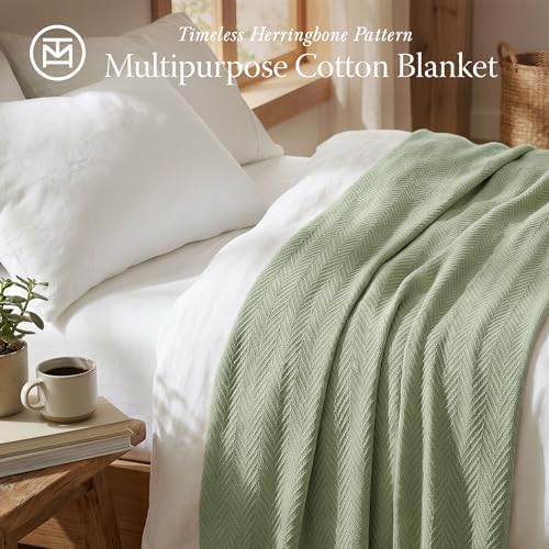 Threadmill Luxury 100% Cotton Queen Herringbone Blanket, Sage Green - Image 2