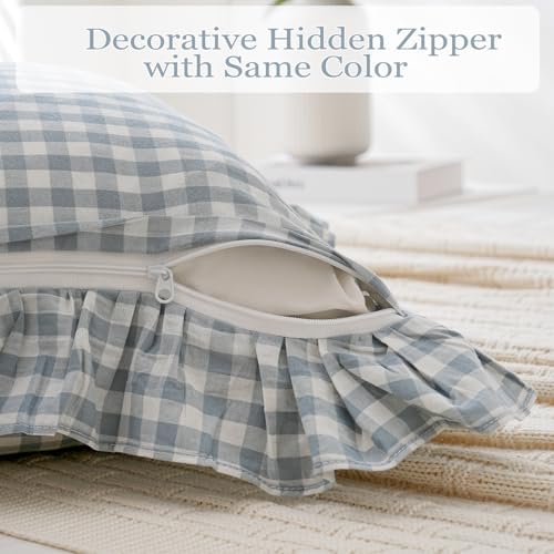 2 Pack Blue White Plaid Ruffle Throw Pillow Covers Farmhouse Checkered Chic - Image 5