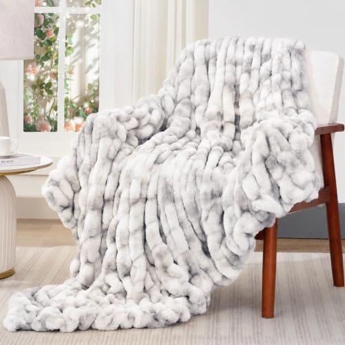 Touchat Ruched Faux Fur Blanket Twin,Fluffy Soft Cozy Blanket,Tie-dye Grey by TOUCHAT