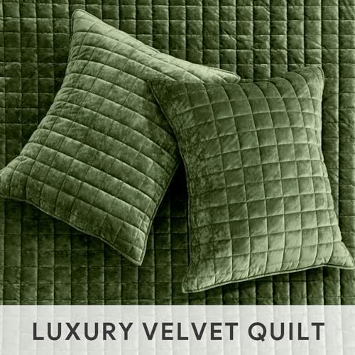 RECYCO Channel Box Stitch Velvet Quilt Set, Full Queen Size, Loden Green - Image 4