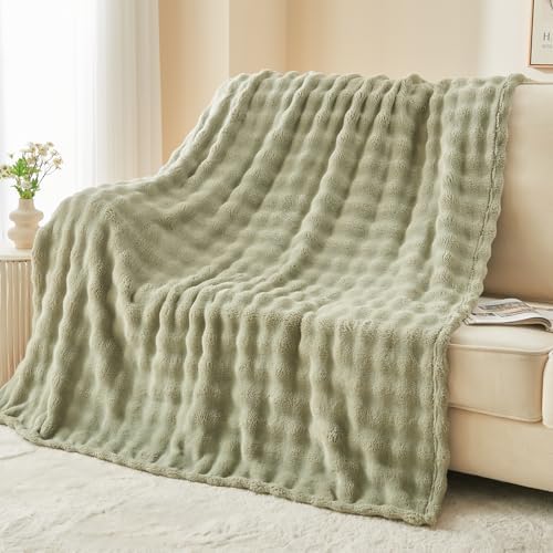NEWCOSPLAY 3D Bubble Flannel Throw Blanket for Couch Sage Green, 50"×60" by NEWCOSPLAY