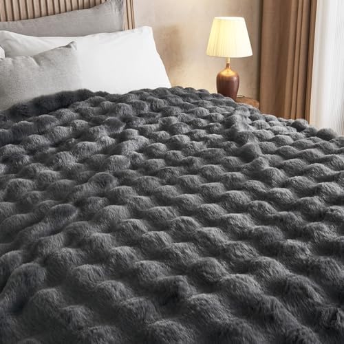 Lotus Karen Queen Size Faux Fur Blanket Dark Gray - Big Bubble Rabbit Fluff Throw for Bed Large Fluffy Fuzzy Cozy Thick Furry Plush Shaggy Blankets 90x90 Inches - Image 5