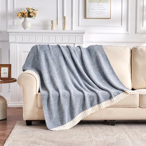 CozeCube Reversible Knitted Throw Blanket, Dusty Blue White Melange 60"x80" - Image 4