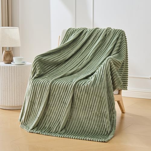 Bnuitland Sage Green Flannel Throw Blanket, 300GSM Super Soft Fleece Stripe Pattern Sofa Blanket for Babys and Kids, Lightweight Cozy Bed Throw for Home Decor All Season - Image 2