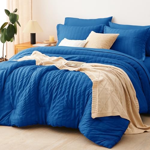 CozyLux King Comforter Set, 7 Pieces Classic Blue Seersucker Bed in a Bag by CozyLux