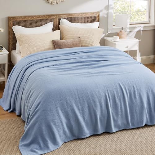 Bedsure 100% Cotton Blanket, Herringbone Weave, Queen Size, Ashley Blue - Image 5