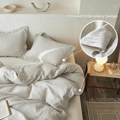 Simple&Opulence 100% Linen Duvet Cover Set with Crossed Embroidery Washed - 3 Pieces (1 Duvet Cover with 2 Pillow Shams) Soft Breathable Farmhouse - Linen, King Size - Image 4