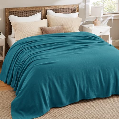 Bedsure 100% Cotton Blanket, Herringbone Weave, Queen Size, Teal - Image 5
