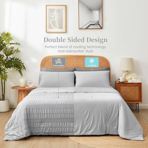 Cozy Bliss Seersucker Cooling Comforter King Size, Q-Max 0.45 Reversible Lightweight Cooling Blanket, Breathable Silk Smooth Summer Bedding Quilt for Hot Sleepers Night Sweats Light Grey - Image 5