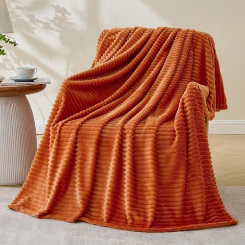 Bnuitland Burnt Orange Fleece Throw Blanket, 300GSM Soft Warm Cozy Fluffy Throw for Babys & Pets, Stripe Pattern 50"x40", All Season Sofa Bed Blanket for Home Decor by BNUITLAND