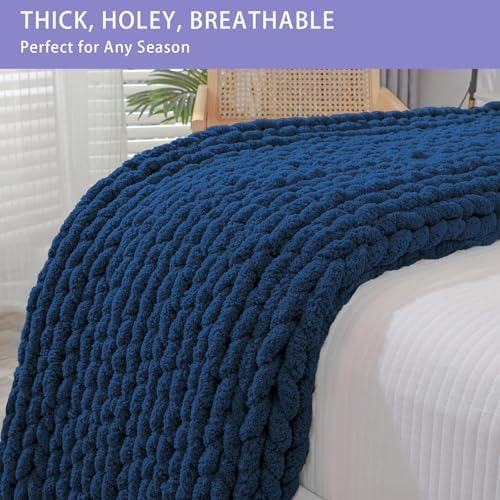 Bigacogo Chunky Knit Throw Blanket for Couch, 80x90 inches, Navy Blue - Image 4