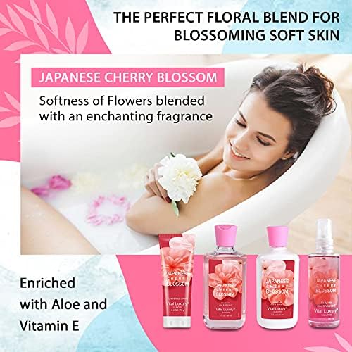 Japanese Cherry Blossom Bath & Body Kit, 3 Fl Oz Travel Size, Ideal Skincare Relaxing Home Spa Set, Includes Body Lotion, Shower Gel, Body Cream, and Fragrance Mist, Bath Gifts for Her and Him - Image 2