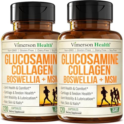 Glucosamine Chondroitin w/ 1200mg Hydrolyzed Collagen Peptides, Boswellia Extract, Quercetin, Bromelain, MSM – Hair Skin Nails and Joint Supplement for Women & Men – FSA Eligible 120 Capsules, 2 Pack by VimersonHealth