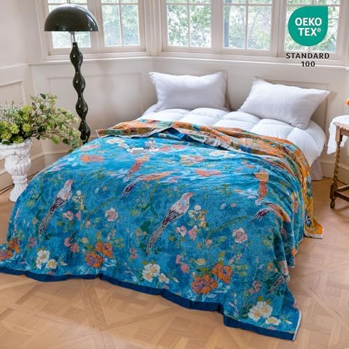 MSGKV Boho Throw Blanket 50"x60" 100% Cotton Floral Bird Throw for Couch - Image 6