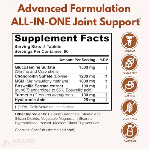 Arazo Nutrition Glucosamine Chondroitin Turmeric Msm Boswellia - Joint Support Supplement for Relief for Bones, Back, Knees, Hands (180 Tablets) - Image 2