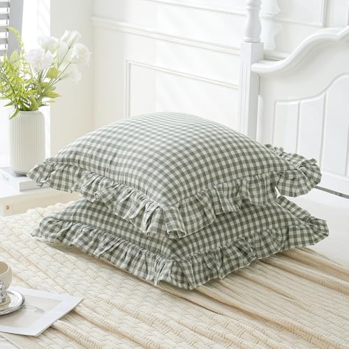 2 Pack Sage Green White Plaid Ruffle Euro Shams Pillow Covers 26x26 inches - Image 4
