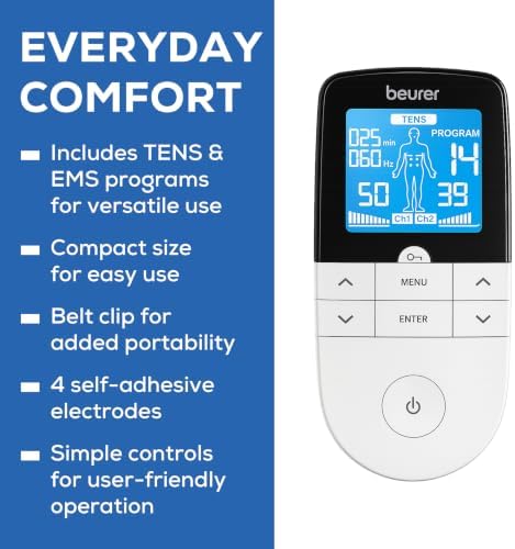 Beurer EM49 Digital TENS & EMS Device for Pain Relief and Muscle Stimulation, 15 TENS Programs, 35 EMS Programs, 2 Adjustable Channels with 4 Self-Adhesive Electrodes - Image 7
