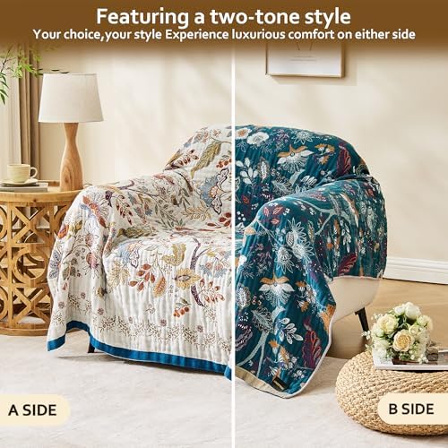 VANJOROY Boho Throw Blanket, 100% Organic Cotton Breathable Skin-Friendly Ultra Soft Bed Quilt Throw - All Season Floral Farmhouse Décor Luxury Blanket for Sofa Couch Chair and Gift. 50" x 60" - Image 5
