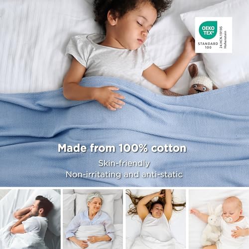 Bedsure 100% Cotton Blanket, Herringbone Weave, Queen Size, Ashley Blue - Image 2