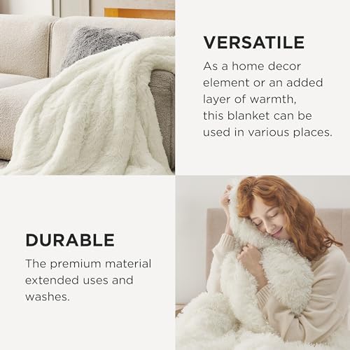 Bedsure Faux Fur Fluffy Fleece Sherpa Blanket Couch Throw Cream 50"x60" - Image 4
