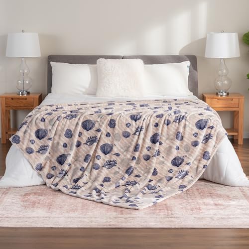 Berkshire Blanket-Classic Heavyweight Soft Printed VelvetLoft® Plush Blanket, Full/Queen Size Soft Fuzzy Warm Blanket for Couch Sofa Bed, Classic Shells Navy, 90in x 90in - Image 5