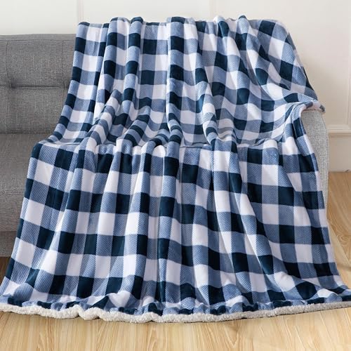 Elegant Comfort Luxury Ultra-Plush Velvet Touch Buffalo Plaid Fleece Throw - Soft, Warm, Cozy Micromink Sherpa-Backing Reversible Blanket for Bed, Sofa and Couch, Buffalo Navy - Image 2