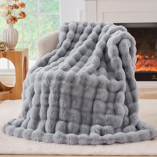 BENVWE Fluffy Faux Fur Throw Blanket for Couch, Soft Plush Thick Cozy Fuzzy Luxury Minky Bubble Blanket for Home Living Room Decor Gift for Women, Light Grey, 51" x 63", 1100GSM by BENVWE