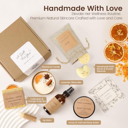 Bath Gift Set, Spa Gifts for Women, Self Care Products for Women, Orange & Calendula Soap Bar, Calm Pillow Mist, Bath Bomb & Shower Steamer, Body Butter and Lip Balm - Image 2