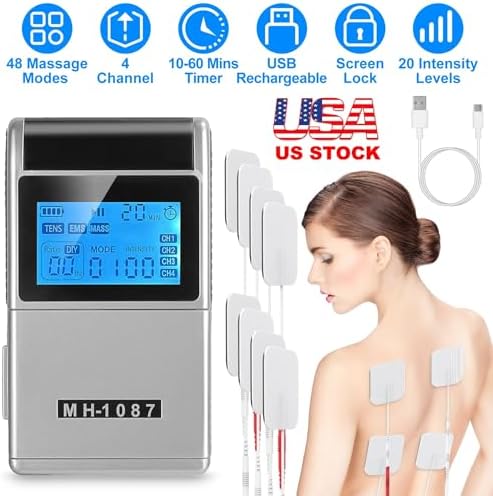 4 Channel TENS Unit Muscle Stimulator Rechargeable Digital TENS Muscle Massager with 48 Modes 20 Intensity Levels 8 Pads Timer - Image 3