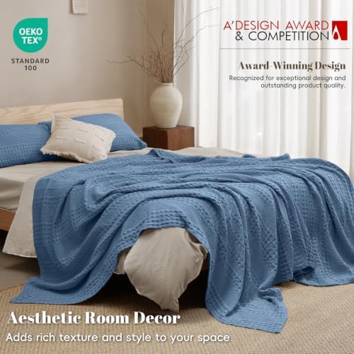 PHF Lightweight 100% Cotton Waffle Blanket for Bed, King, Denim Blue - Image 4