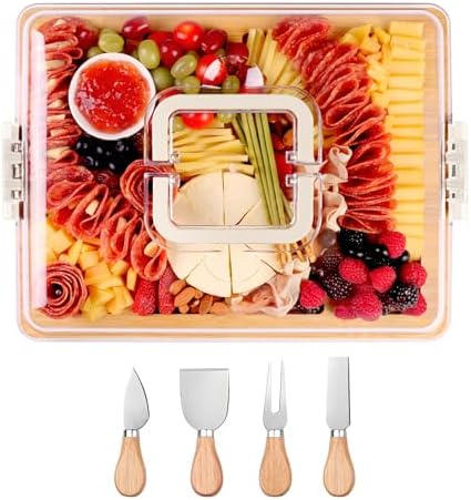 CAWIU Charcuterie Board with Lid and Handle - Portable Travel Design Bamboo Cheese Board Set with 4 Cheese Tools, Gift for Housewarming, Weddings, Picnics(8 Compartments, White) by CAWIU