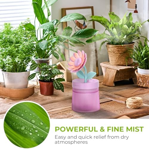 Cute Flower Mini Humidifier, Small Cool Mist Desk Humidifiers, Portable USB Personal Desktop Plant Humidifiers, Cooling for Home Office Car Travel Indoor Outdoor (260ml, Purple Sunflower) - Image 5