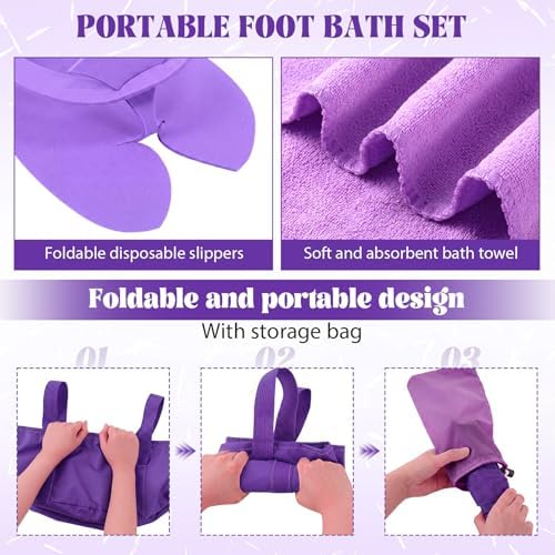 FillTouch 6 Sets Foldable Foot Bath Kit 15L Collapsible Foot Soaking Tub Bathroom Towels Women Adult Foldable Slippers with Storage Bag Spa Soak Pedicure Bath for Travel Camping (Purple) - Image 4