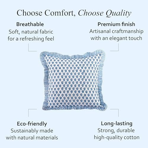 CPC Block Print Ruffle Throw Cover Apatite Blue 16"x16" Inch Pack of 2-100% Cotton Ruffle Couch Decorative Boho Pillows Case for Living Room, Bedroom, Sofa, Farmhouse Gift for Spring, Mother's Day - Image 6