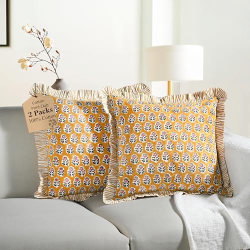 CPC Yellow Citrine Ruffle Throw Pillow Covers for Couch, 24x24 Inch Cotton Stripe Ruffle Couch Pillows for Living Room, Hidden 20 Inch Zipper Boho Pillow Case or Cute Outdoor Ruffle Pillows by COTTONPRINTCLUB
