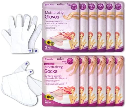 Epielle Moisturizing Hand & Foot Masks, Soften Dry Skin with Sunflower Seed Oil & Vitamin E, Self Care Gifts for Women, Spa Kit, 6 Moisturizing Gloves & 6 Moisturizing Socks by Epielle