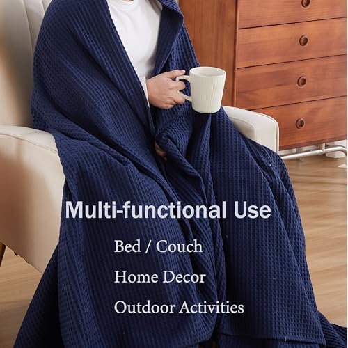 100% Egyptian Cotton Waffle Weave Throw Blanket for Bed Couch Sofa Home Decor, Soft Lightweight Bed & Couch Blanket for All Seasons (Navy Blue - Queen Size - 90 * 90") - Image 6
