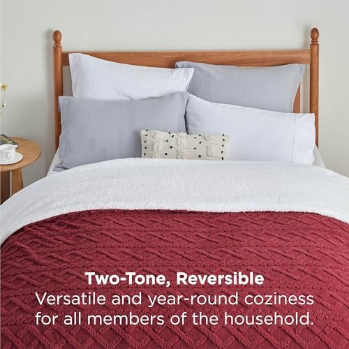 Bedsure Sherpa Fleece Blanket, Cable Jacquard Tufted, Warm, Red, King - Image 2