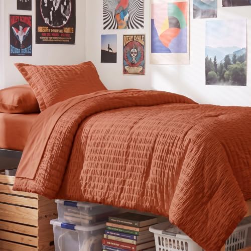 CozyLux Twin XL Comforter Set 5 Pieces Burnt Orange Seersucker Bed in a Bag by CozyLux