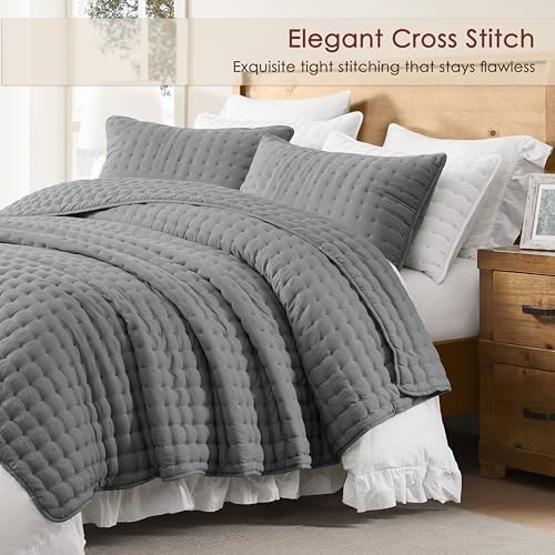 WDCOZY Dark Grey King Size Quilt Bedding Sets with Pillow Shams, Deep Lightweight Bedspread Coverlet, Quilted Blanket Thin Comforter Bed Cover, All Season Summer Spring, 3 Pieces, 104x90 inches - Image 3