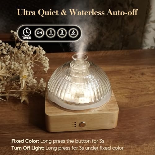 Glass Dome Essential Oil Diffuser with Glass Reservoir & Wood Base-No Plastic, 200ml Ultrasonic Diffuser for Aromatherapy with Timer 7 Color Light Auto-Off for Home Office Yoga Pilates - Image 5