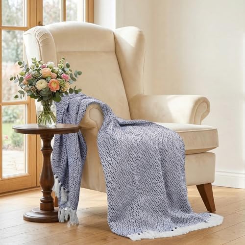 Americanflat 50x60 Throw Blanket - Soft and Breathable Cotton Throw Blanket for Couch, Bed, Chair - Decorative Blankets Perfect for Home or Outdoor Use - Navy Blue and White Double Diamond Design - Image 4