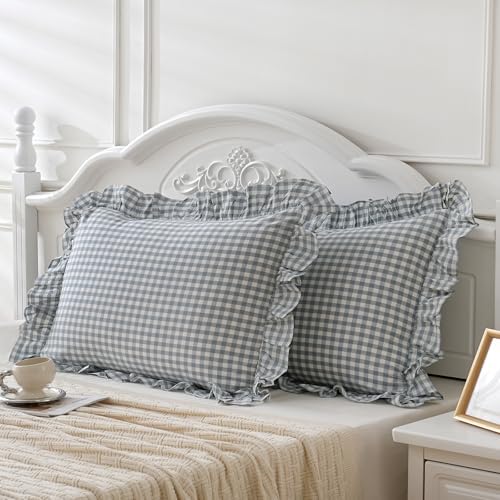 2 Pack Blue White Plaid Gingham Ruffle Pillow Shams Standard Size 20"x26" - Image 3