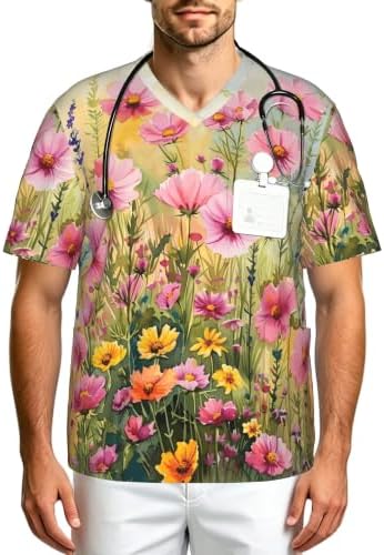 Men's Scrub Top,V-Neck Spill Wrinkle Resistant,3 Pockets-Watercolor Wildflower Field by Unknown