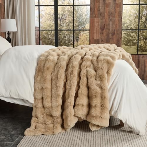 Lotus Karen Queen Size Faux Fur Blanket Khaki - Big Bubble Rabbit Fluff Blanket for Bed, Large Fluffy Fuzzy Cozy Blanket, Thick Furry Plush Shaggy Blankets, 90x90 Inches - Image 4