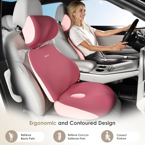 FLORICH Car Seat Cushion & Lumbar Support Pillow & Car Neck Pillow, Ergonomic Memory Foam Driving Seat Cushion for Back & Sciatica Pain Relief, Non-Slip Washable Cushion for Car, Driver, Office-Pink - Image 2