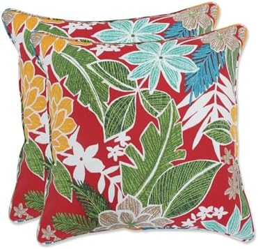 Pillow Perfect Tropic Floral Indoor/Outdoor Accent Throw Pillow, Plush Fill, Weather, and Fade Resistant, Throw - 16.5" x 16.5", Red/Green Bora Cay, 2 Count by PillowPerfect