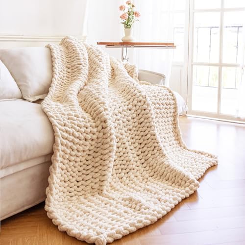 Chunky Knit Throw Blanket for Couch，80X90 Inches Cream by Larexius