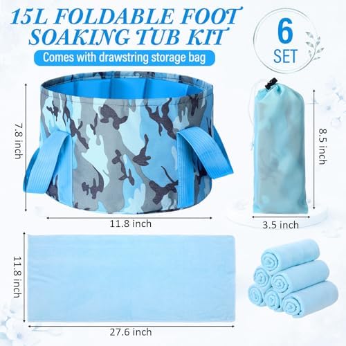 FillTouch 12 Pcs 15L Foldable Foot Soaking Tub Kit Portable Foot Bath Tub for Soaking Feet with Towel and Storage Bag Soak Spa Bucket for Travel Camping (Camouflage,Blue) - Image 2
