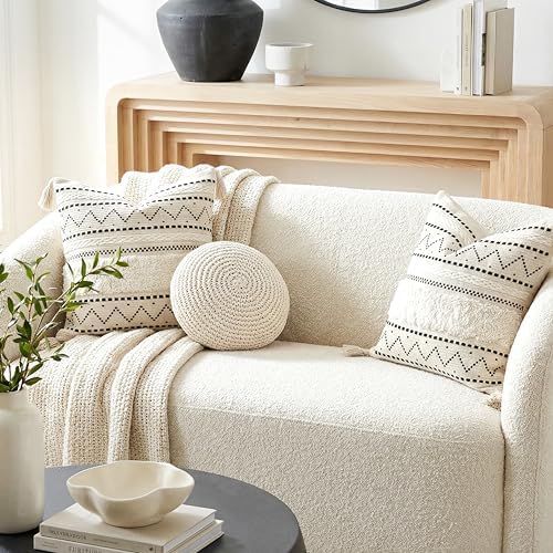BlissBlush Decorative Throw Pillow Covers 20x20 Combo Set of 2 Square Boho Black Neutral Accent Pillowcase Tassels Farmhouse Cushion for Couch Sofa Bedroom Living Room Home Décor Cover ONLY - Image 6